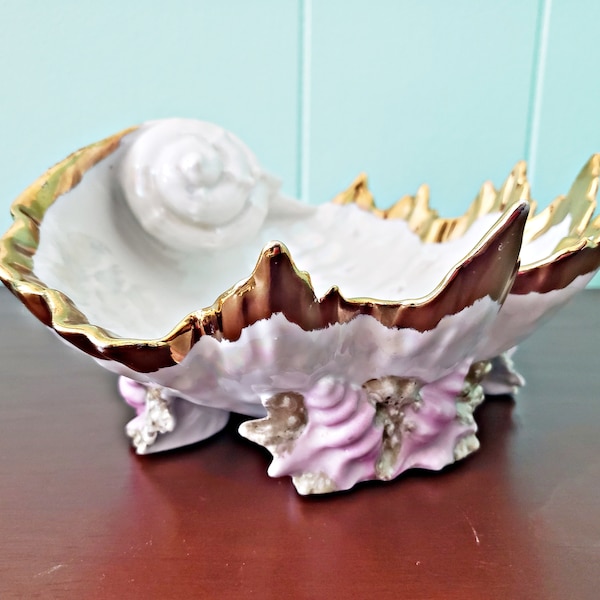 Vintage Ukraine, USSR Era, Bereznovsky Rovno Porcelain, Seashell shaped Bowl-Centerpiece,  Shabby Chic Large Luster Dish,  Beach House Decor