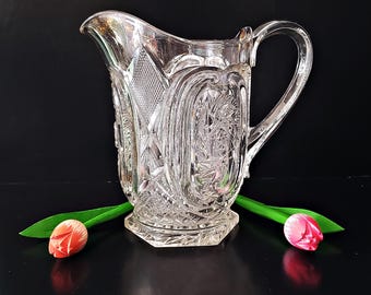 Antique Glass Pitcher by US Glass Co. - EAPG PITCHER Circa 1910 -  Buzz Saw in Parenthesis with Daisy Scroll  - Victoria Pattern - gift idea