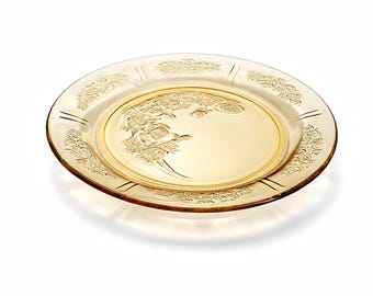 Set of 6 Sharon Amber Depression Glass Plates • 9" Dinner Plates • Federal Glass 1935–1939 • Cabbage Rose Pattern • Vintage Yellow Glassware