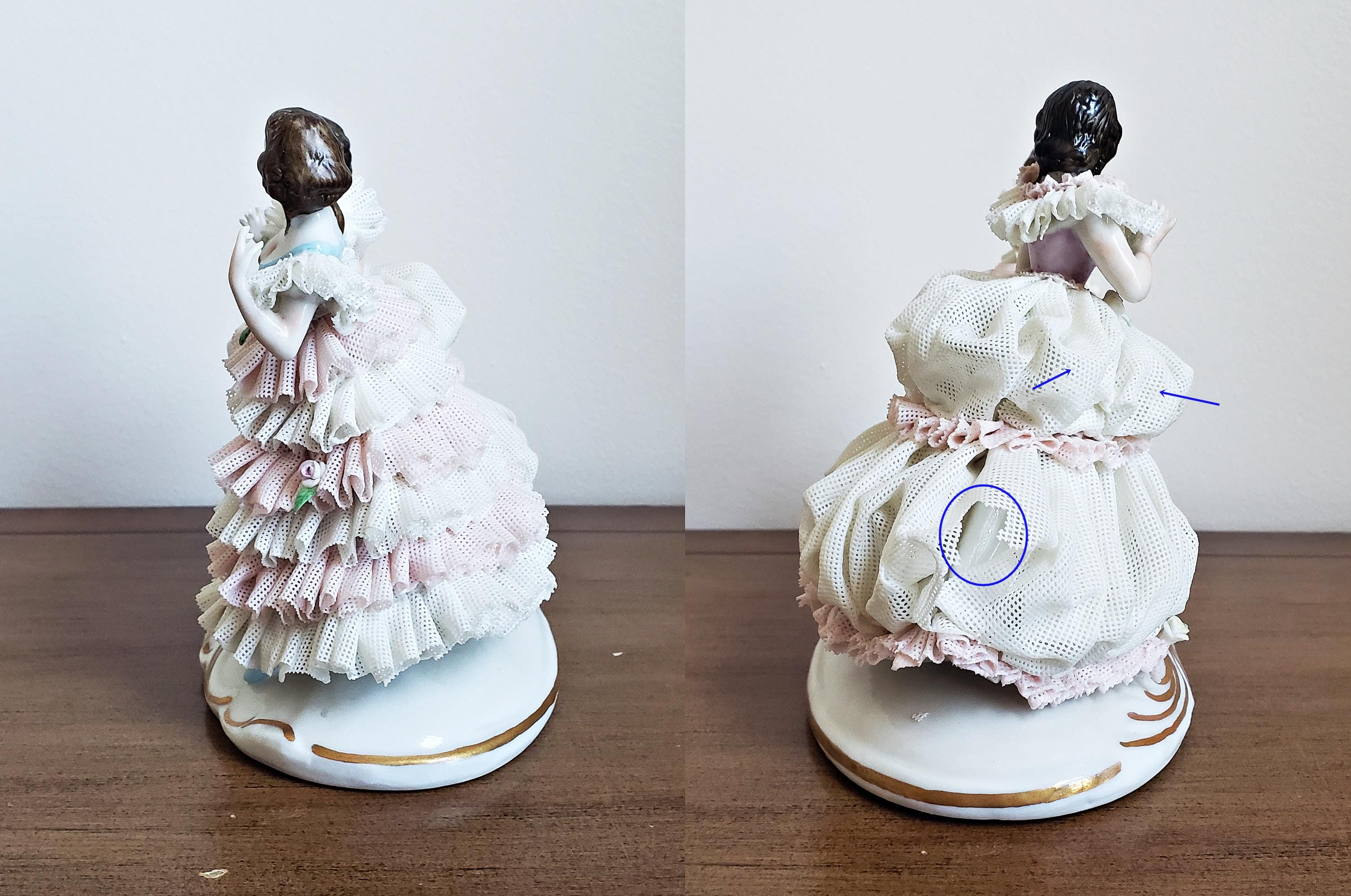 Vintage Irish Dresden Lace Figurine: Two Dancing Ladies, Muller