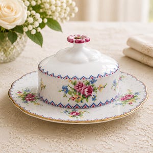 Royal Albert Petit Point Covered Butter Plate • Vintage Bone China England • Floral Cross Stitch Pattern