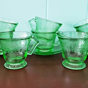 Vintage Hazel Atlas Uranium Glass Teacup Set for Six with Creamer & Sugar Bowl — Florentine Poppy Pattern Depression Glass, Glowing Green