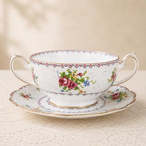 Royal Albert Petit Point Bouillon / Cream Soup Cup & Saucer Set • Vintage Bone China England • Floral Cross Stitch Pattern