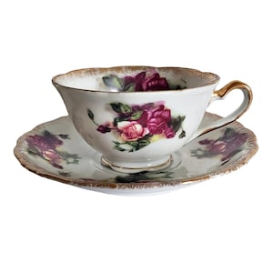 Teacup and Saucer hand decorated with Burgundy and Pink Roses, Grace china, German Porcelain, Gift idea