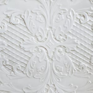 May include: White ceramic plate with a raised, embossed design of intricate floral patterns. The design is symmetrical and features a repeating pattern of leaves and swirls.
