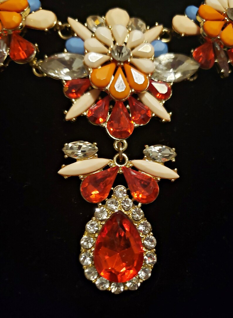 Statement Costume Necklace With Matching Earrings, Bib Necklace Gold