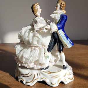 Vintage Irish Dresden  Lace Porcelain Dancing Couple statuette, Muller Volkstedt stamp, Dresden Lace porcelain Rococo style figurine, Gift