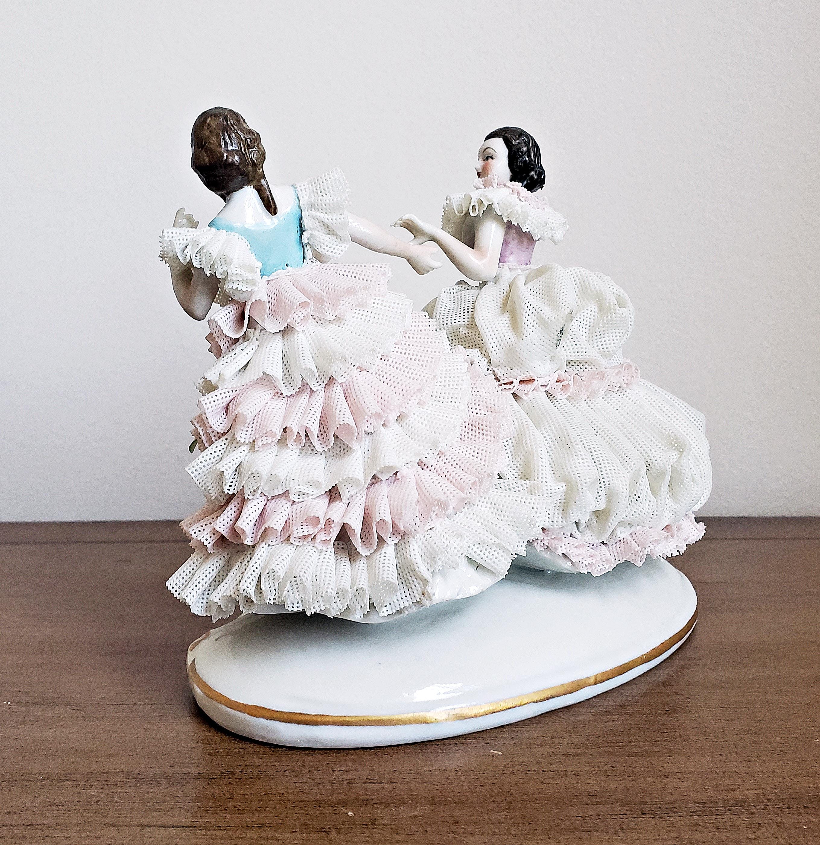 Vintage Irish Dresden Lace Figurine: Two Dancing Ladies, Muller