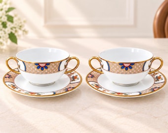 Vintage Vignaud Limoges Bouillon Cup & Saucer, French Porcelain, Floral Gold Trim, VIG 12, Mid-Century China