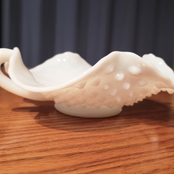 Vintage FENTON ART GLASS Hobnail Milk Glass Candy or Nuts Dish with Crimped Edge and Two Handles, Collectible Glass, Bridal Shower gift