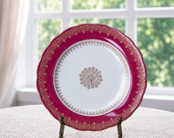 Antique Carl Knoll Austria Porcelain 6.25" Bread Plate, Cranberry-red & Gold Filigree,  John Wanamaker Exclusives, Circa 1891-1918