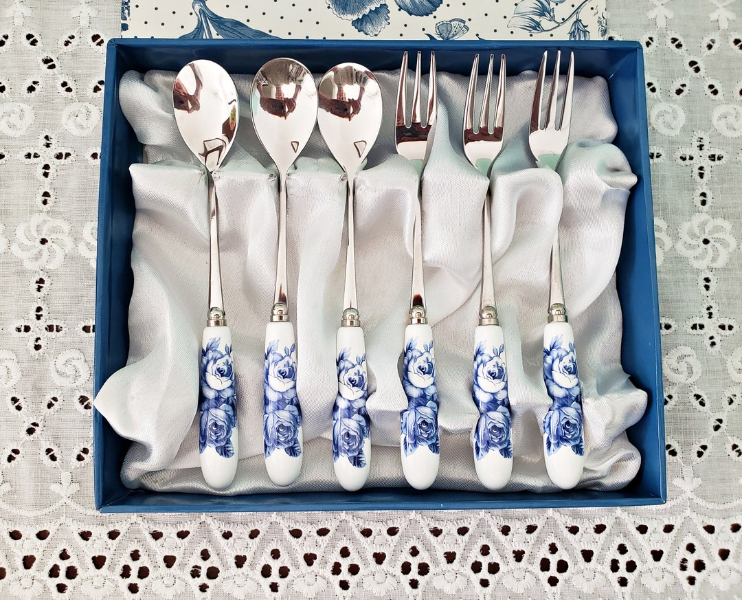 EASY HOME Coffee Spoons and Dessert Forks Set, Porcelain Handles With Blue Roses, Victorian