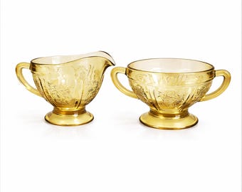 Federal Glass Amber Sharon / Cabbage Rose  Footed Creamer & Open Sugar Bowl • Yellow Depression Glass