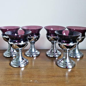 Art Deco Shery Glasses Set of 6 - Farber Brothers Krome Kraft - Cambridge Amethyst Blown Glass & Farberware Chrome Stem Base