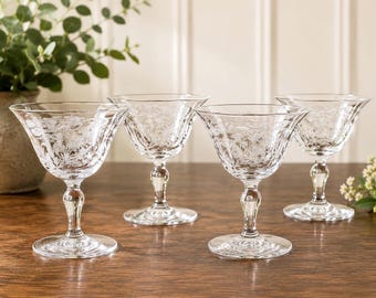 Vintage Tiffin Franciscan Flanders Clear Cocktail Glasses Set of 4, Depression Glass Stemware, Etched  Low Sherbet Glasses