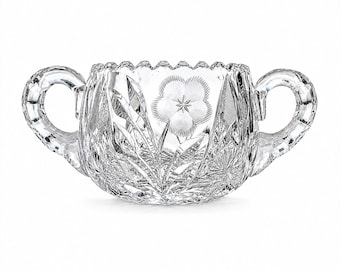 Antique American Brilliant Period Cut Glass Sugar Bowl, Floral Starburst, Deep Cut Crystal, Sawtooth Rim, Double Handle, ABP
