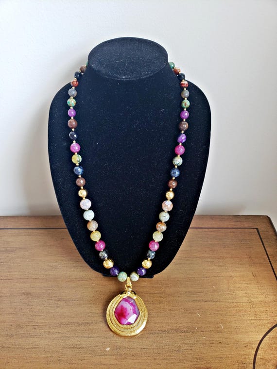 Vintage Barrera Necklace: 24K Gold-plated Pink Agate Pendant, Semi