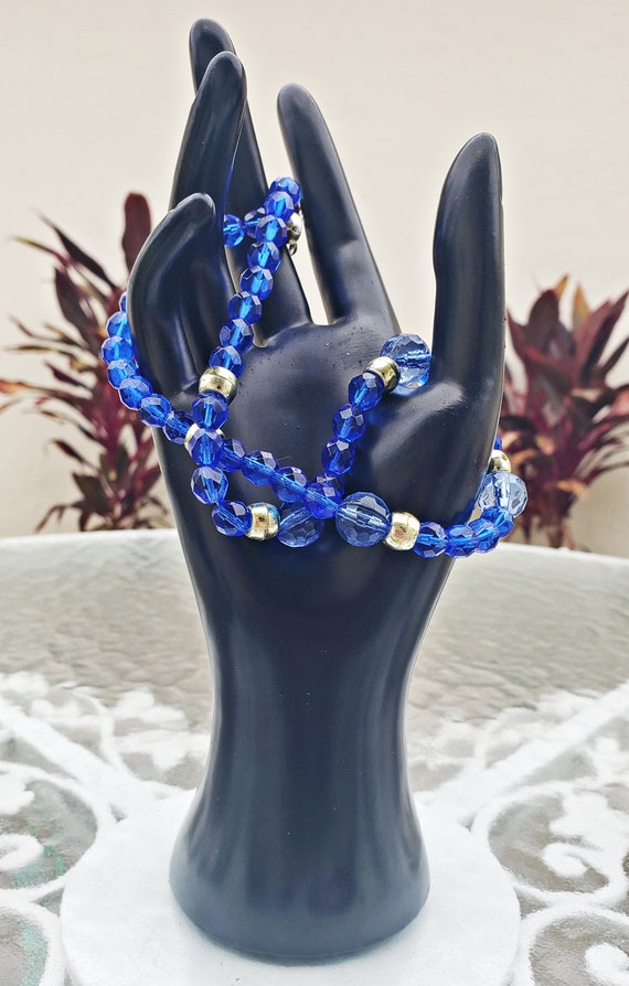 Beaded Vintage Necklace, Faceted Deep Blue Plasti… - image 9