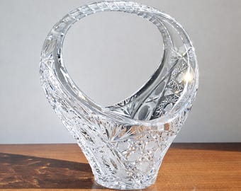 Vintage Bohemian Lead Crystal Basket Vase: Hobstar Diamond Cut Candy Dish, Czechoslovakia 1970s