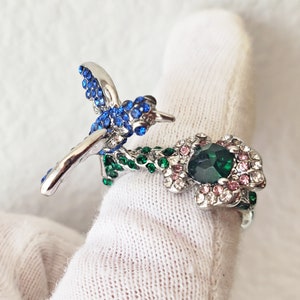 Hummingbird and Flower Ring, Costume Jewelry, Silver-plated Alloy with Rainstones ring