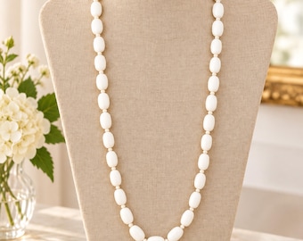 Vintage White Acrylic Bead Necklace, 24" Long Oval Flat Beads, Retro Mid-Century Costume Jewelry, Minimalist Statement Necklace