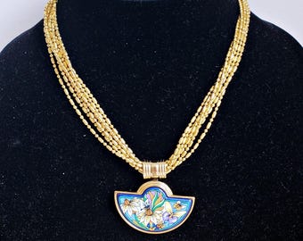 Vintage Michaela Frey Enamel Pendant Necklace: 24K Gold-plated