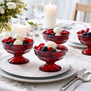 Mid Century Viking Glass Sherbets – Ruby Red Georgian Honeycomb Pedestal Bowls - Set of 4