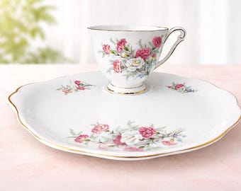 Queen Anne Carnation Teacup & Tennis Plate Set – English Bone China (Country Gardens Series)