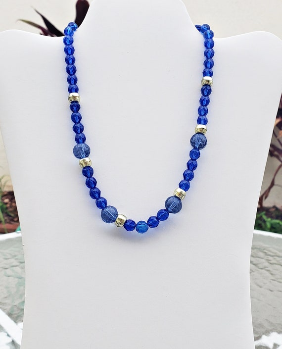 Beaded Vintage Necklace, Faceted Deep Blue Plasti… - image 1