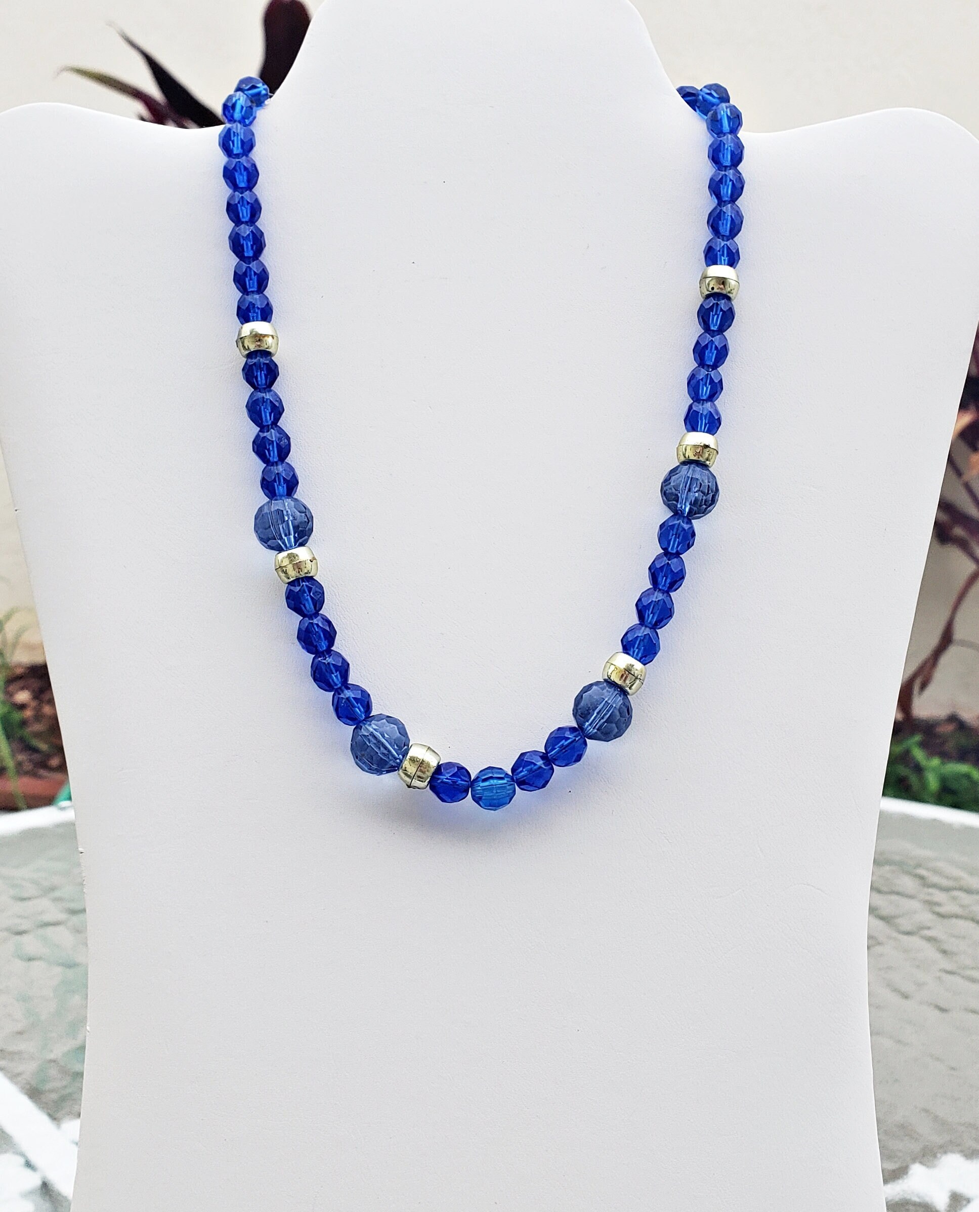 Beaded Vintage Necklace, Faceted Deep Blue Plastic Beads