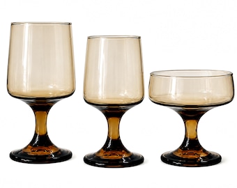 Vintage Libbey Tawny Accent Stemware 3-piece Set, 1970s Brown Smoke Glass, Mid-Century Barware, 6 Sets Available