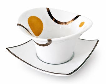 Limoges Porcelain Carlo Pignatelli Handleless Espresso Cup with Saucer – Italian Designer Demitasse, Modern Abstract Porcelain Set