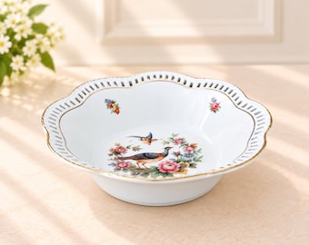 Vintage Schumann Arzberg Finger Bowl, Reticulated Porcelain, SCH601, Floral Birds, Gold Gilt, Bavaria