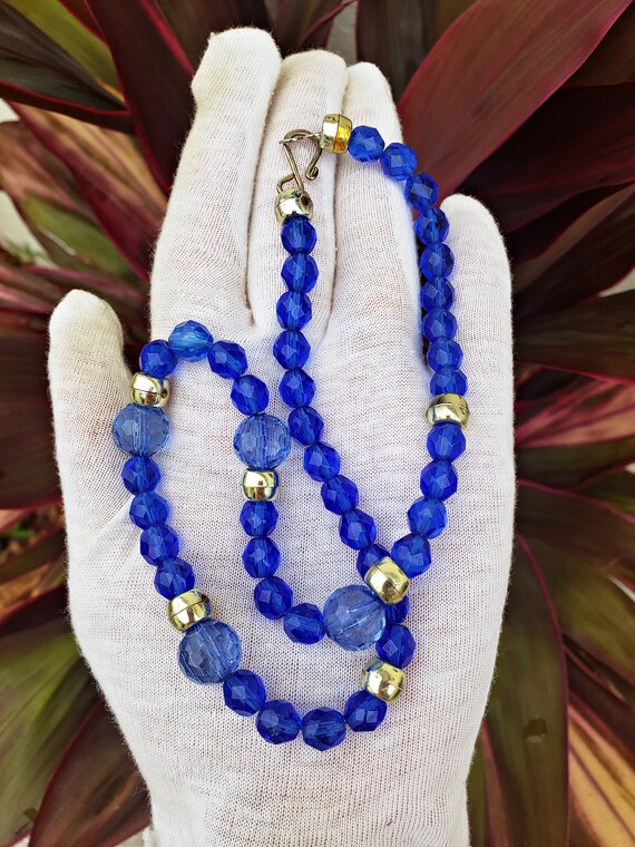 Beaded Vintage Necklace, Faceted Deep Blue Plasti… - image 5