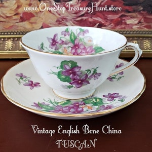 TUSCAN Bone China TEACUP & SAUCER  Pattern Violets  Vintage English Teacup Gift to Teacup Collector  Vintage drinkware.