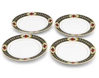 Royal Bayreuth ROB154 Bread & Butter Plates Set of 4, Vintage Bavaria Porcelain, Blue Scrolls Rust Flowers, Gold Trim, Discontinued China
