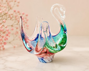 Vintage Murano Glass Swan Dish • Multicolor Art Glass • Handblown Italian Decor • Lavorazione Arte Murano