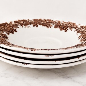 May include: A stack of three white ceramic plates featuring a brown transferware pattern of grapevines and leaves along the rim. The plates have a shallow, rounded bowl shape with a smooth, glossy finish and a detailed botanical border design.