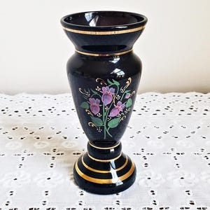 Vintage Miniature Purple Hand-Painted Bud Vase with Floral Motif & Gold Accents, Mouth-blown Amethyst Glass Vase, Perfect Small Gift
