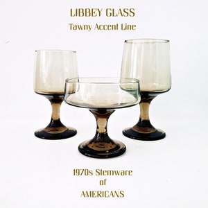 LIBBEY GLASS Stemware Sets in Tawny Accent, Water Goblet, Wine Glass, Champagne/Tall Sherbet, Modern Glass of the 70's, Wedding, Anniversary