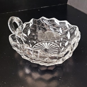 FOSTORIA American Clear Pattern Square Nappy - Vintage Glass made in USA - Shallow Bowl with handle - Cubist design glassware - unique gift