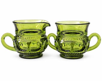 Azucarero y lechera de cristal estilo Colonia de mediados de siglo - Diseño Crown Green Thumbprint - Regalo retro estilo Cottagecore