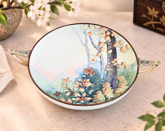 Antique Nippon Porcelain Bowl, Hand Painted Autumn Landscape, Morimura Brothers, Moriage Japanese Decor