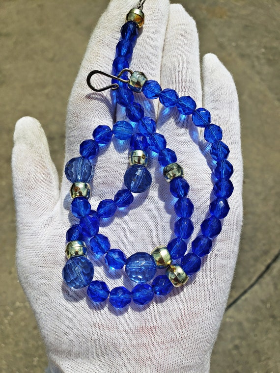 Beaded Vintage Necklace, Faceted Deep Blue Plasti… - image 2