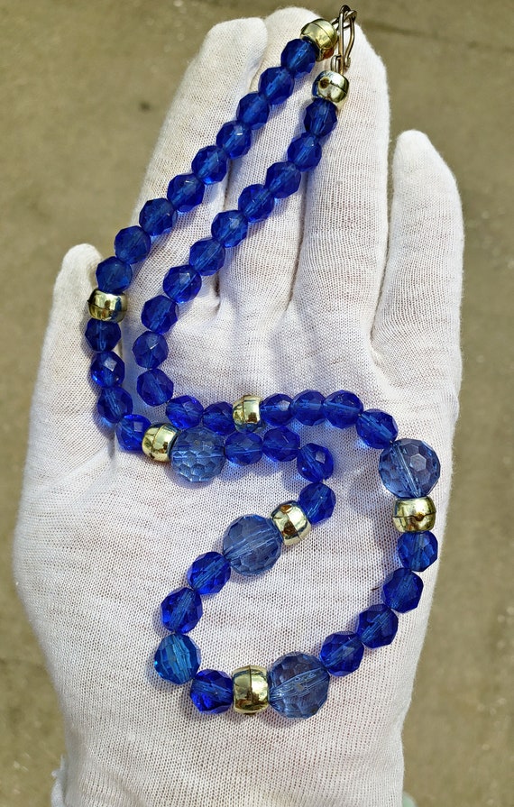Beaded Vintage Necklace, Faceted Deep Blue Plasti… - image 4