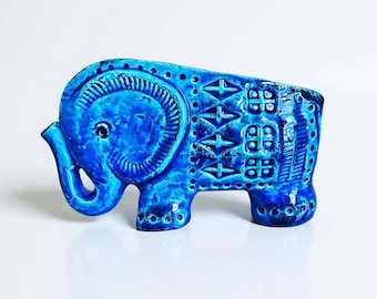 Bitossi Rimini Blue Ceramic Elephant Figurine - Aldo Londi MCM Italian Pottery Original Sticker