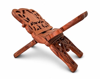Soporte para libros plegable de madera de sheesham tallado a mano / Soporte para Biblias de madera / Soporte para libros de cocina / Decoración rústica bohemia / Reposalibros de palisandro indio