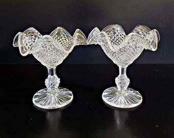 IVIMA Glass, Two Diamond Quilted Dessert Compotes, made in Portugal. Ruffled Edge Pressed Glass, Pedestal Bowl, Bridal Shower, Wedding gift