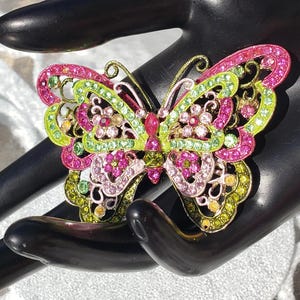 Multi-color Rhinestones BUTTERFLY BROOCH, gold-tone and Pink Yellow Green Crystals, Vintage costume jewelry, Gift for her