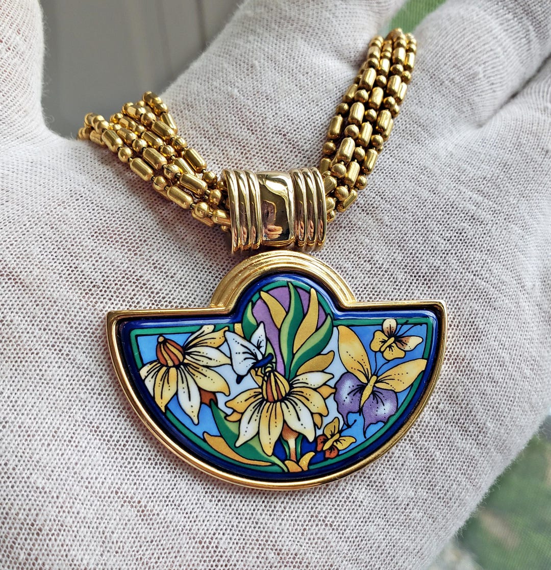 Vintage Michaela Frey Enamel Pendant Necklace: 24K Gold-plated
